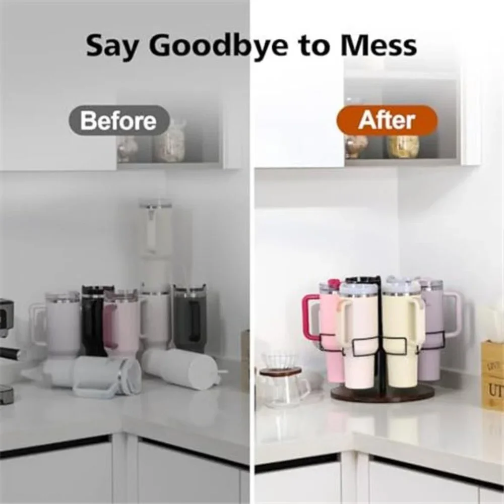 Rotating Tumbler Organizer 6 Cup Holder Stand 40oz Bottle Storage Rack